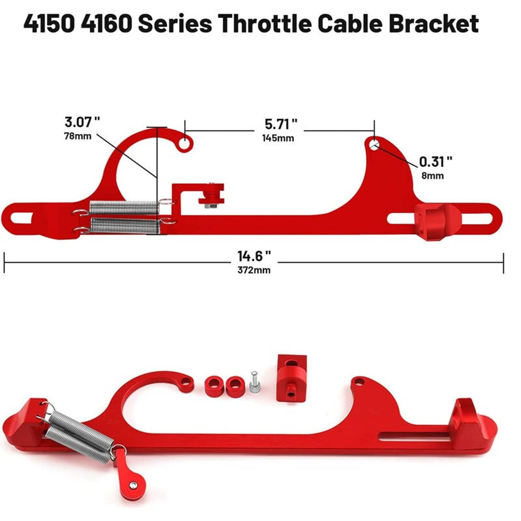 Red 4150/4160 series throttle cable bracket kit with measured dimensions
