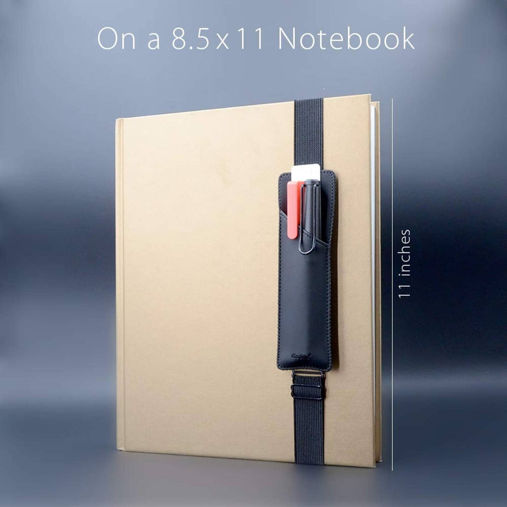 Dark pen holder sleeve with elastic strap and adjustable buckle for attaching to a notebook.