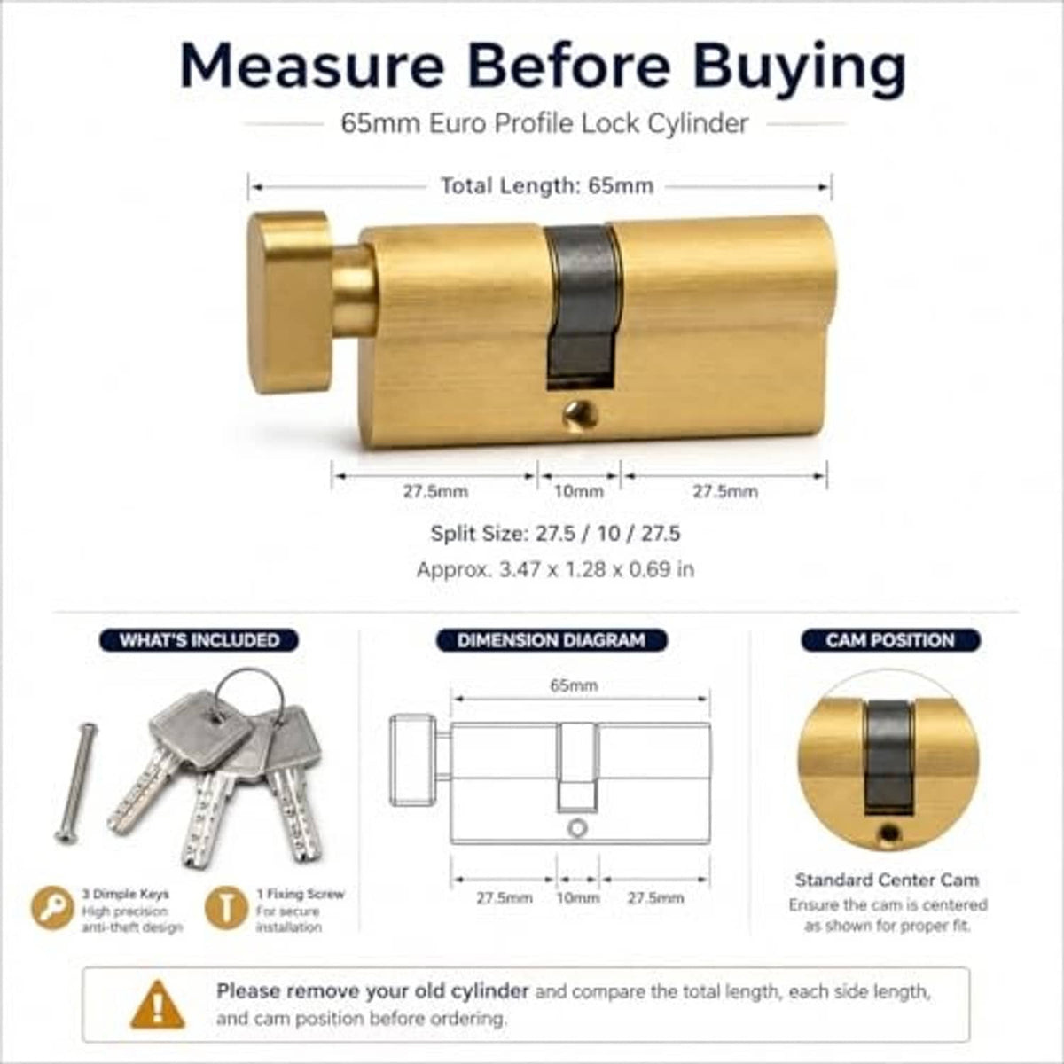 Brass lock cylinder with euro profile diagram, included keys and fixing screw
