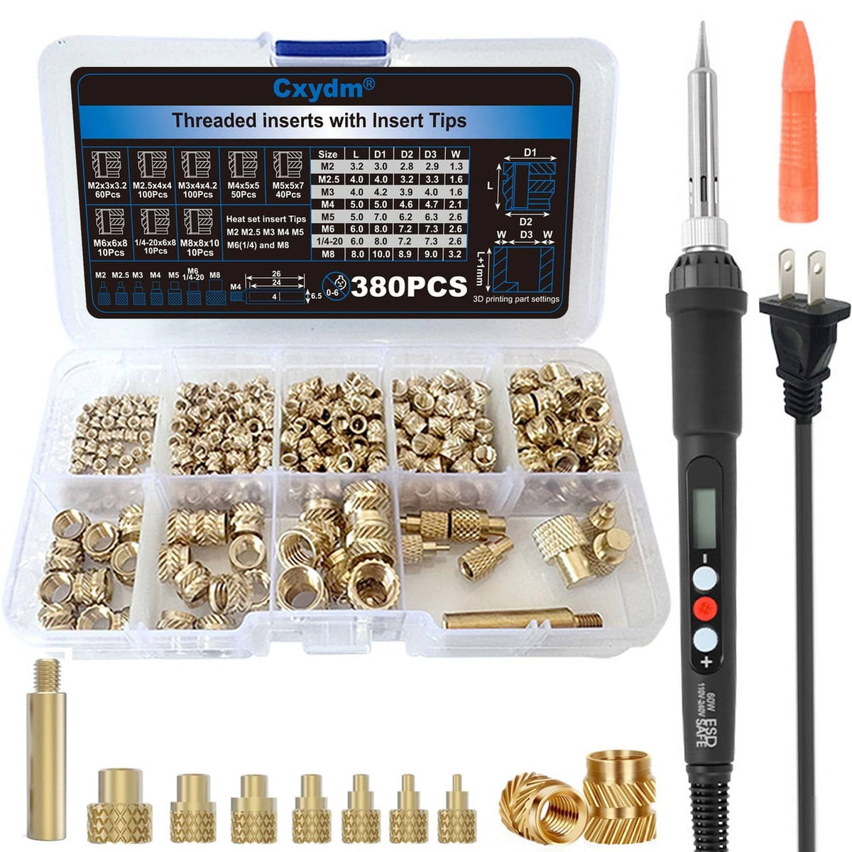 Heat-set insert tool kit with brass threaded inserts and digital soldering iron, orange tip
