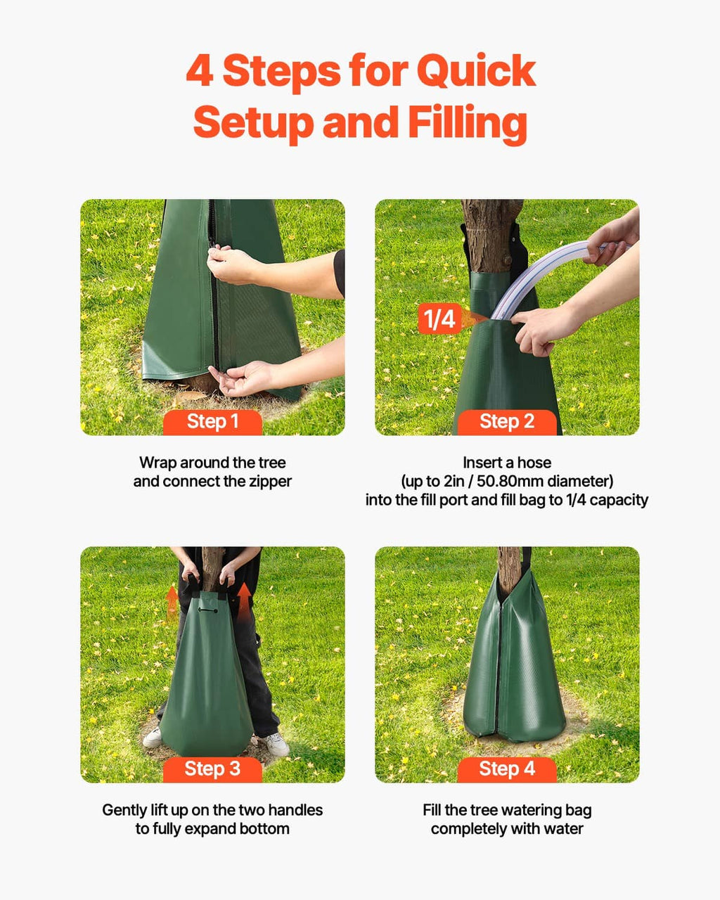 Green tree watering bag with zipper and two handles shown for quick setup and filling