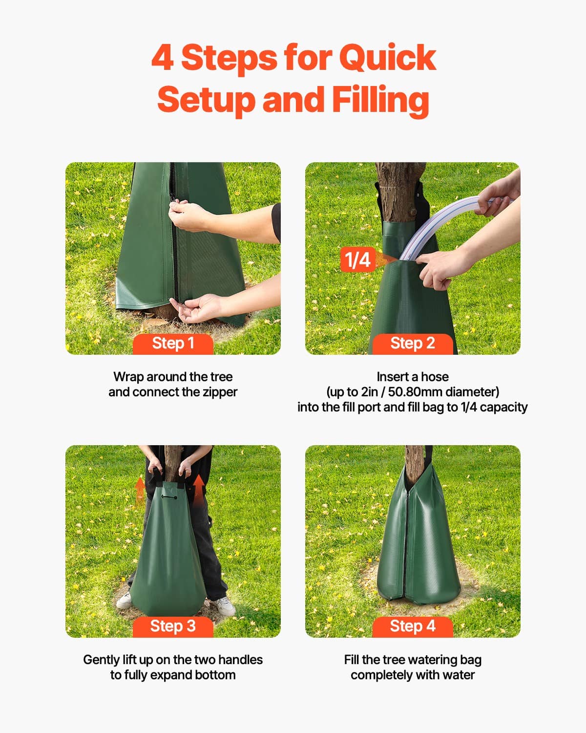 Green tree watering bag with zipper and two handles shown for quick setup and filling