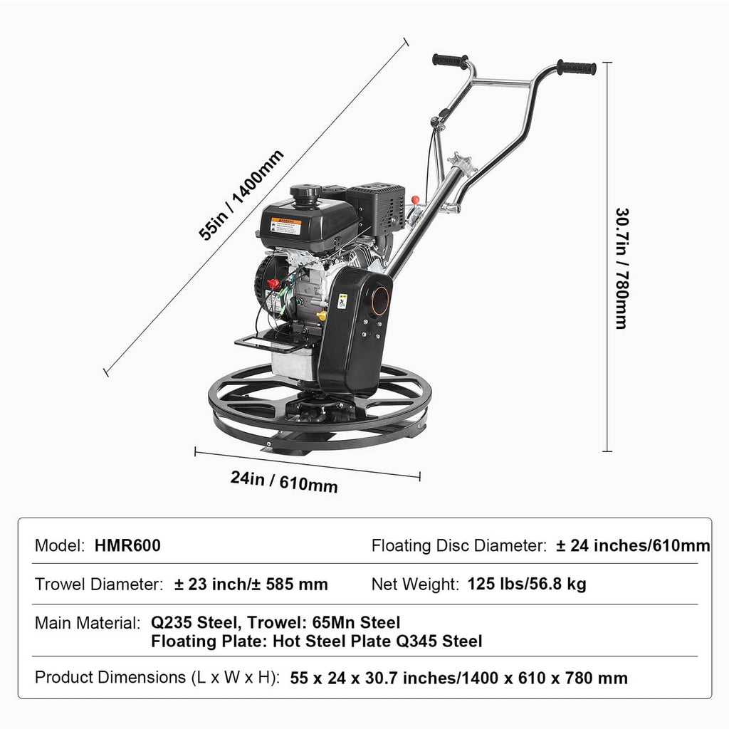 Gas walk-behind cement trowel with 24-inch float disc, shown with dimension guide