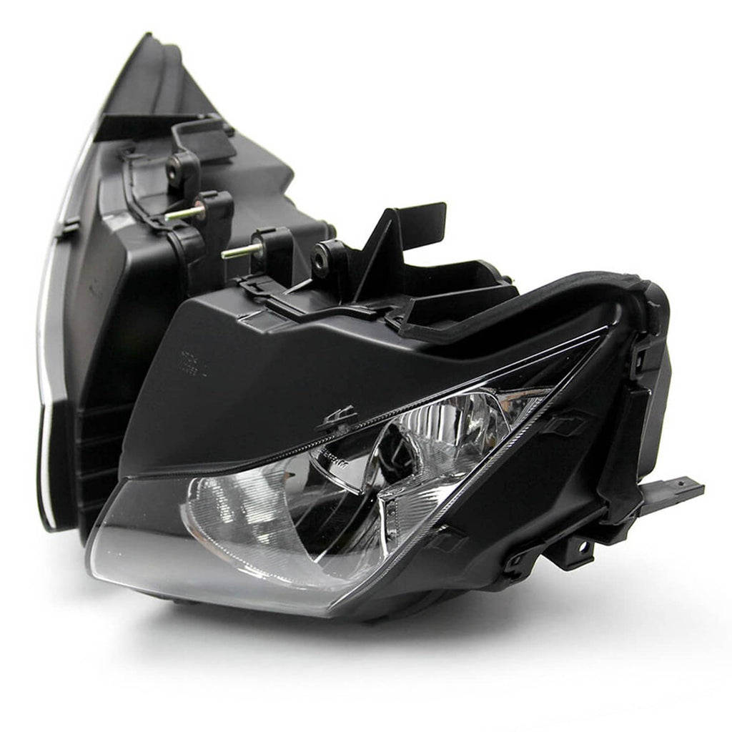 Single front headlight assembly, black housing with clear lens and mounting brackets