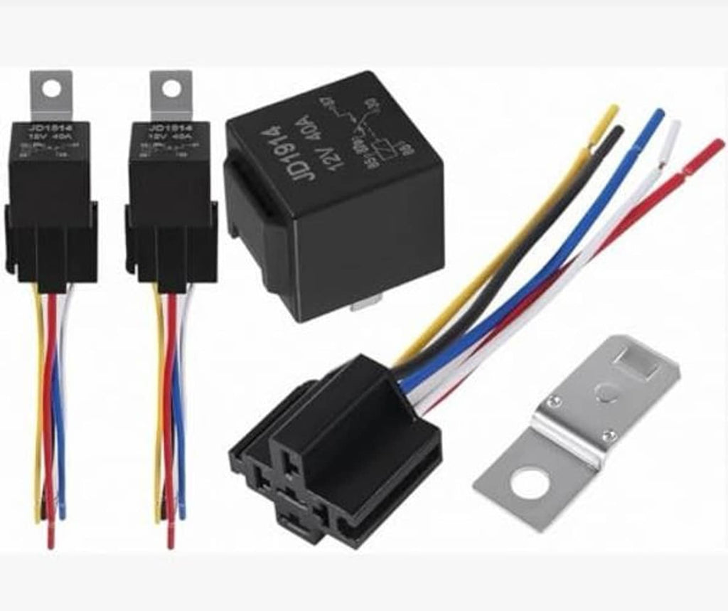 Automotive relay kit with 5-pin harness, black relay, colored wires, and metal mounting plate