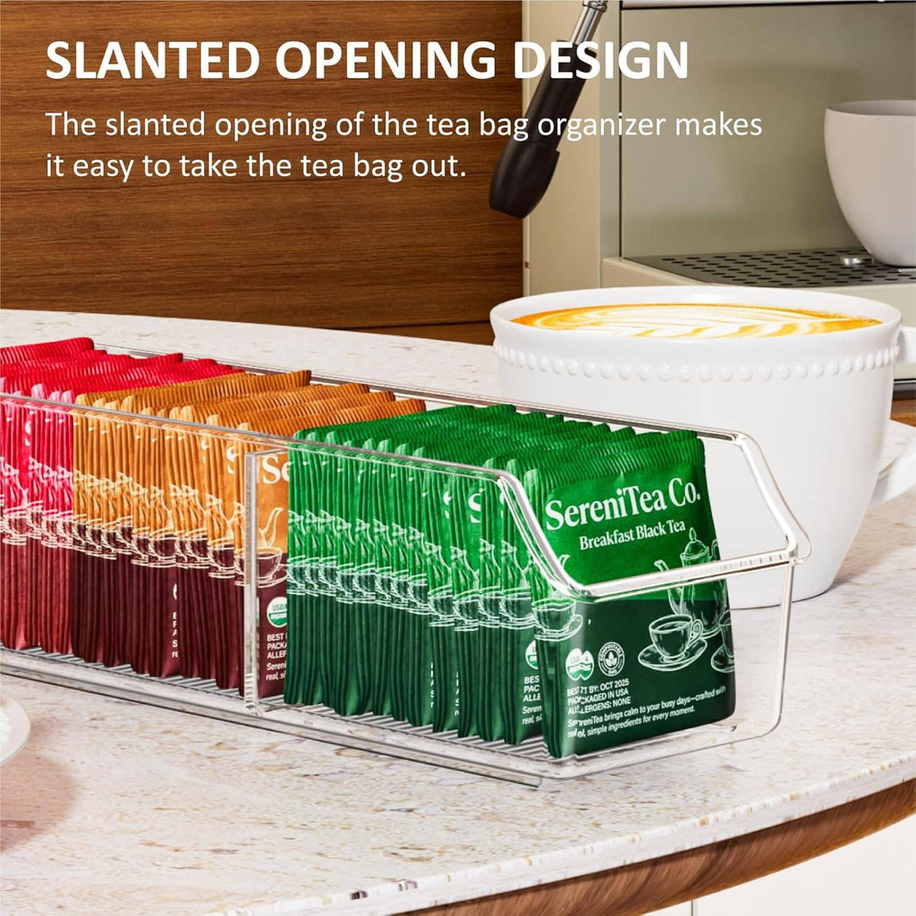 Slanted-front clear tea bag organizer bin with metal frame on countertop
