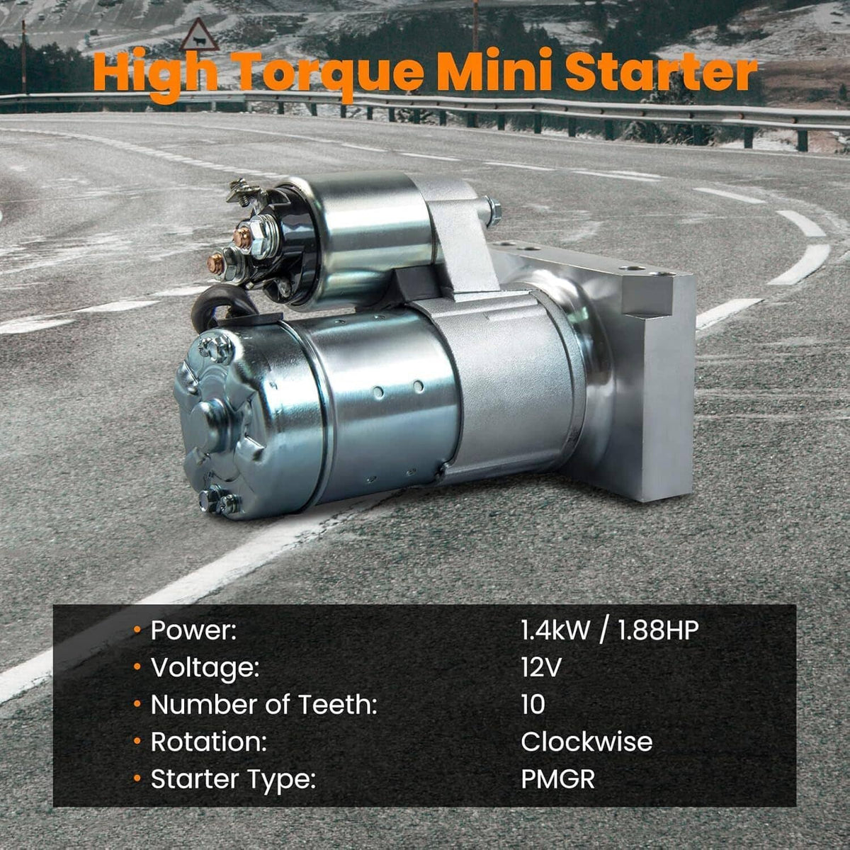 High torque mini starter motor with silver housing and front bracket, angled on-road view