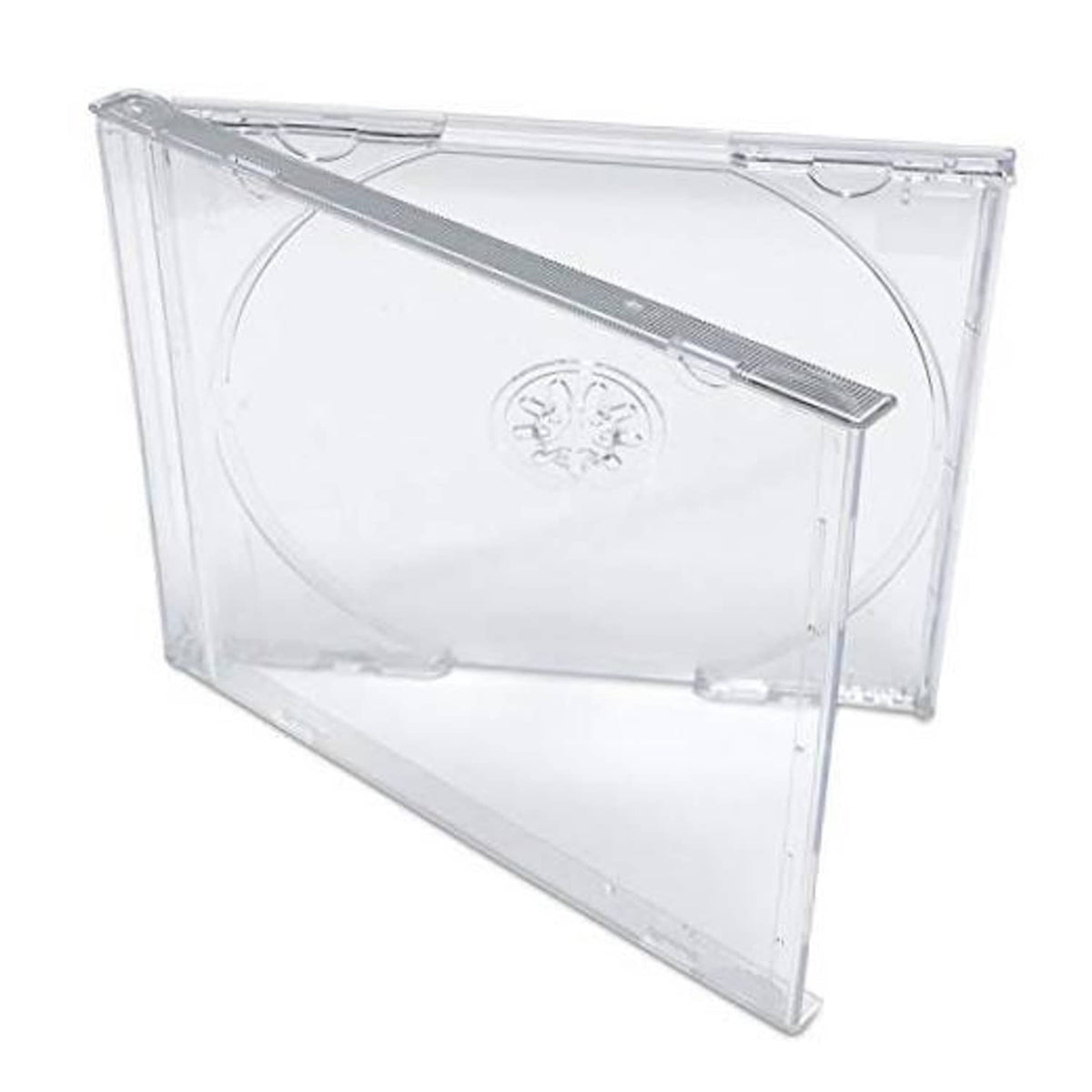 Clear CD jewel case with hinged lid open and disc tray visible in the front.
