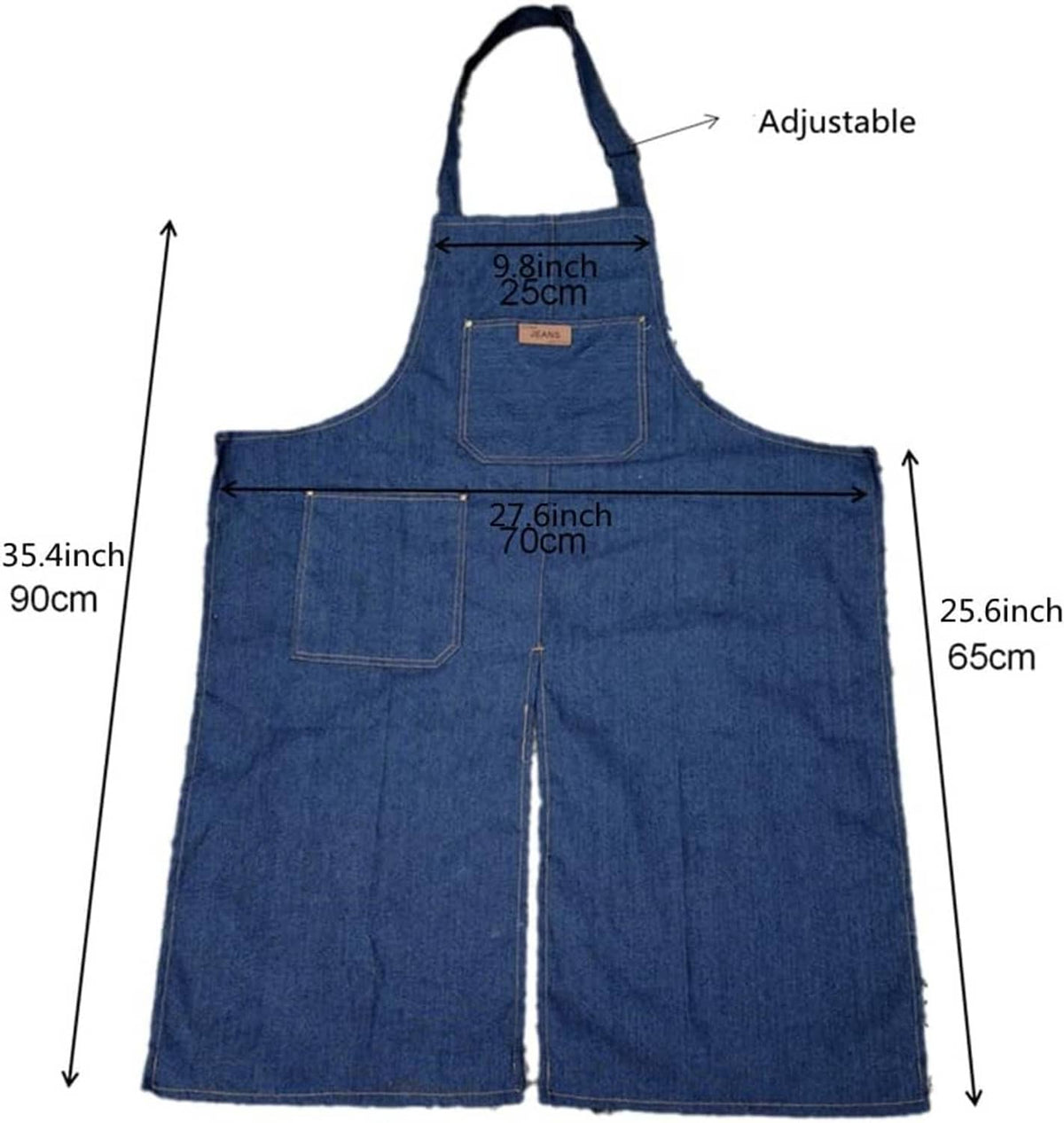 Blue denim potter apron with adjustable neck strap, front bib pocket, and side pockets