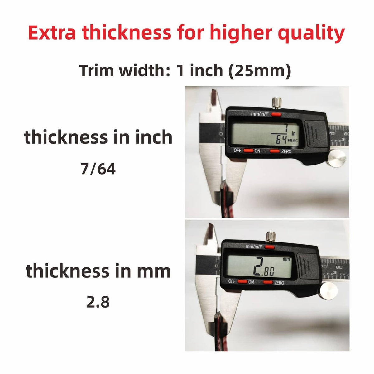 Automotive trim thickness measurement showing 1-inch (25mm) wide strip