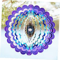 Floral wind spinner with purple-blue layered petals and central metal medallion