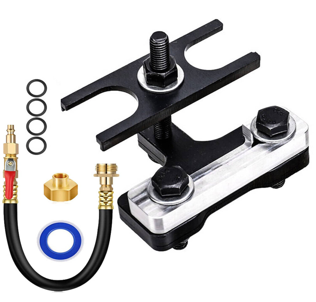 Valve spring compressor tool with air hose kit, gold fittings and blue O-ring seals
