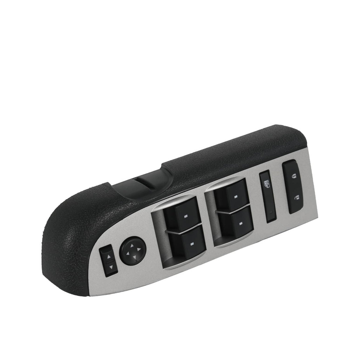 Master power window switch with black bezel; front controls and lock button.