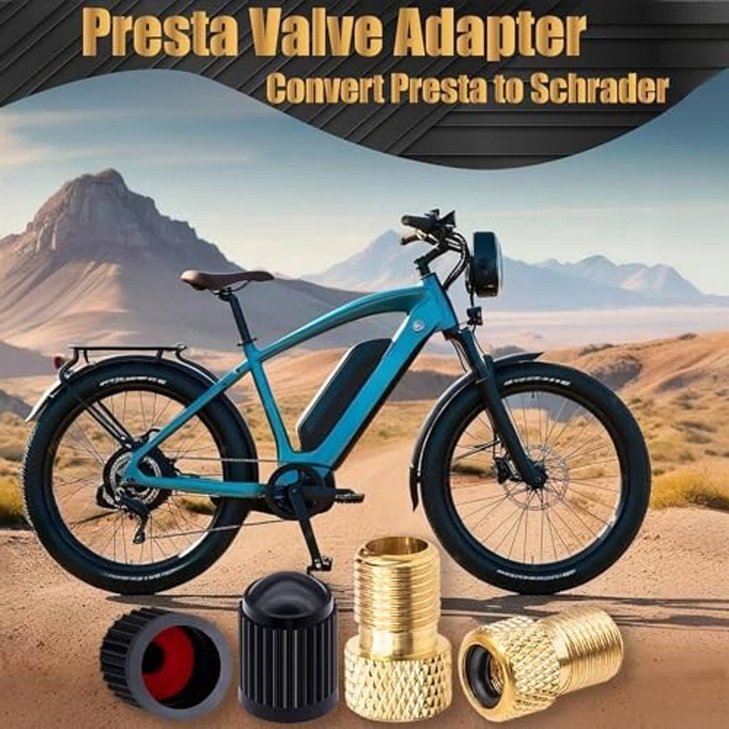 Brass Presta valve adapter with black rubber seal and black ribbed cap, paired set