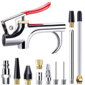 Air blow gun with red trigger handle and chrome barrel, plus metal nozzle accessories