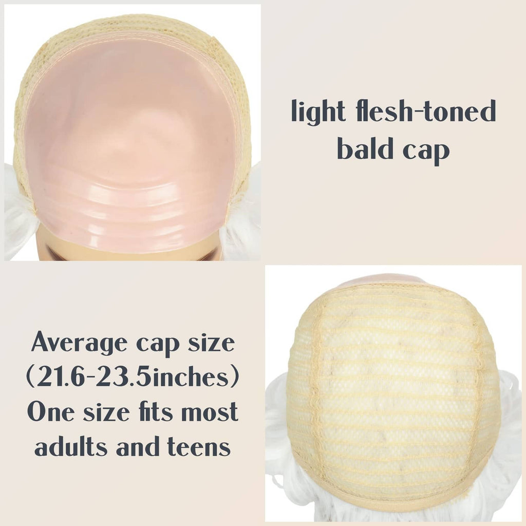 Light flesh-toned bald cap with attached white wig hair, back and top view