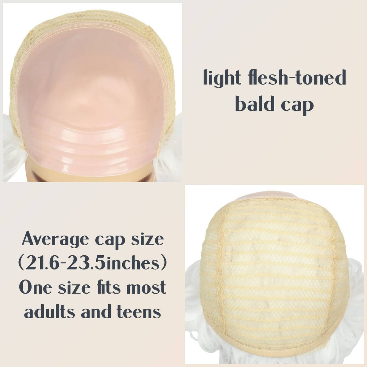Light flesh-toned bald cap with attached white wig hair, back and top view