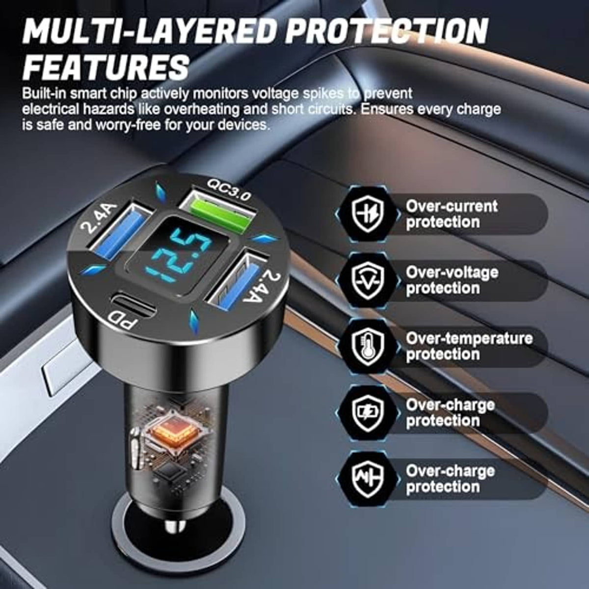 Black car charger adapter with LED display and blue-lit ports, protection icons