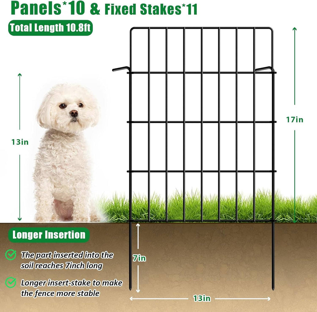 Black metal animal barrier fence panel with fixed stakes and evenly spaced vertical bars