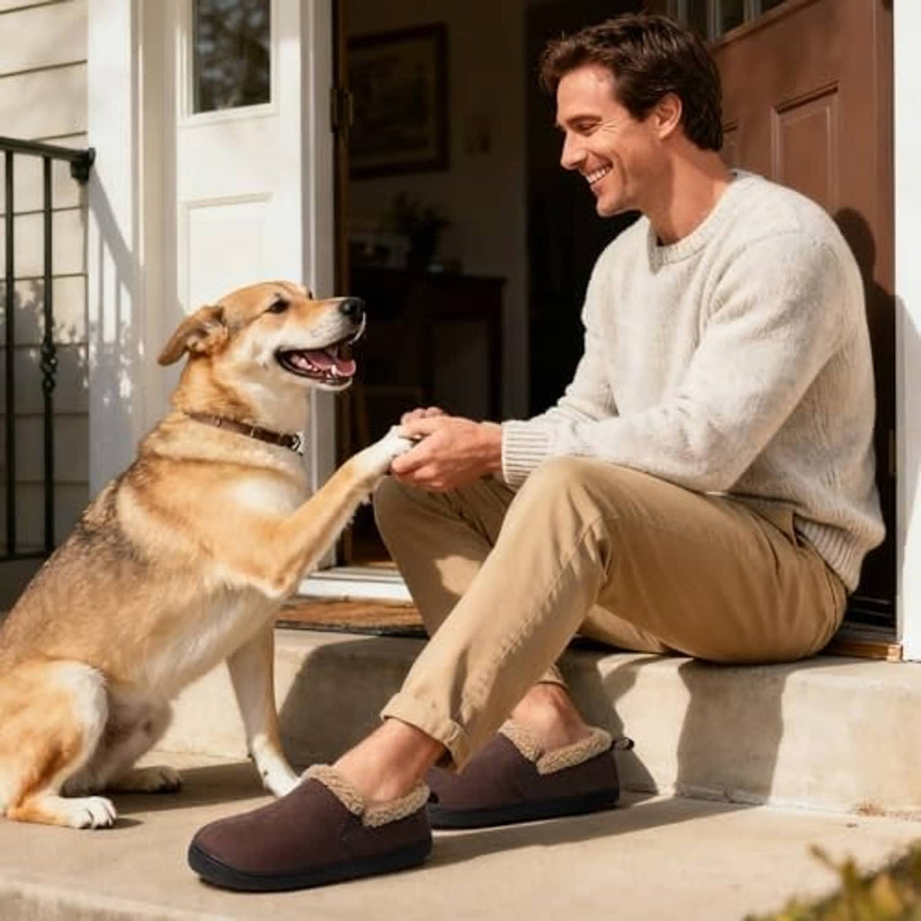 Men's chestnut brown suede bootie slippers with sherpa trim, worn indoors