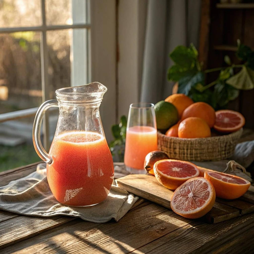 Pitcher of grapefruit juice with citrus slices and fruit on a wooden table