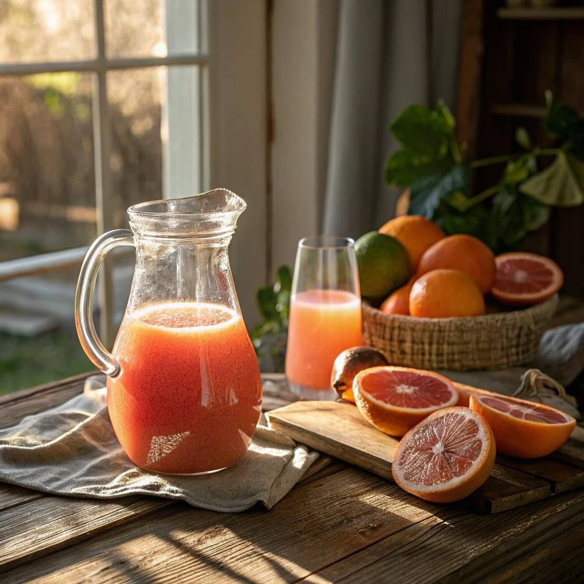 Pitcher of grapefruit juice with citrus slices and fruit on a wooden table