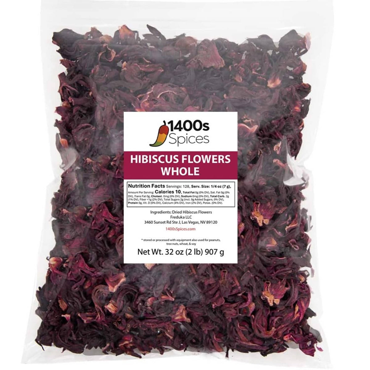 Bag of dried whole hibiscus flowers, dark burgundy petals