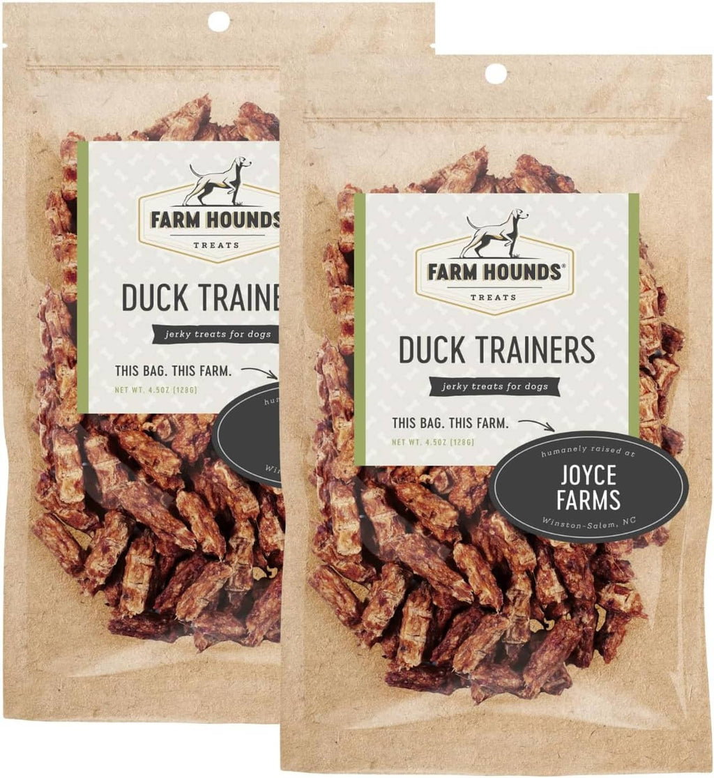 Duck trainers dog jerky treat pouches with brand label and dark seal badge