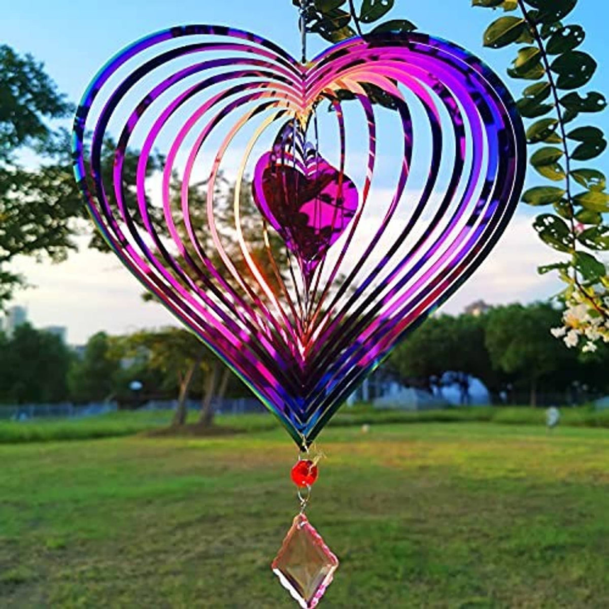 Purple and pink 3D metal heart wind spinner with dangling crystal pendant
