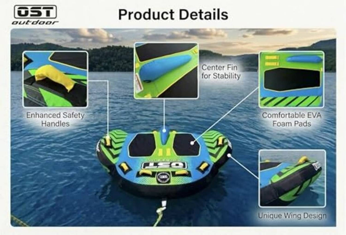 Inflatable two-person boat tube with EVA foam pads, center fin, and wing design