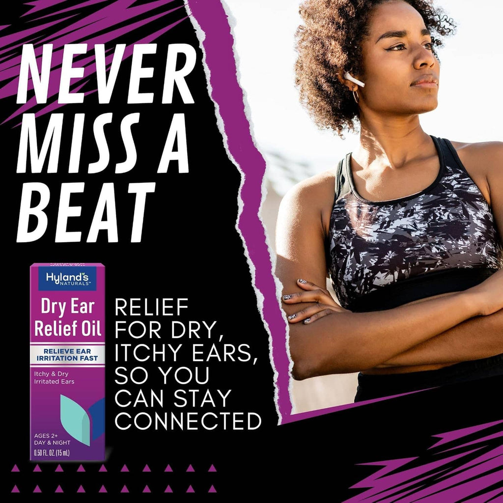 Ear relief oil box and bottle with fitness woman on graphic background