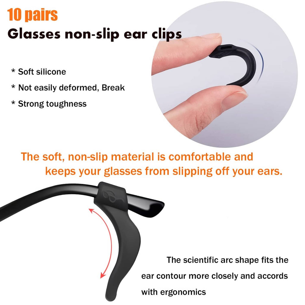 Black silicone non-slip eyeglass ear grips with curved ergonomic hook tips