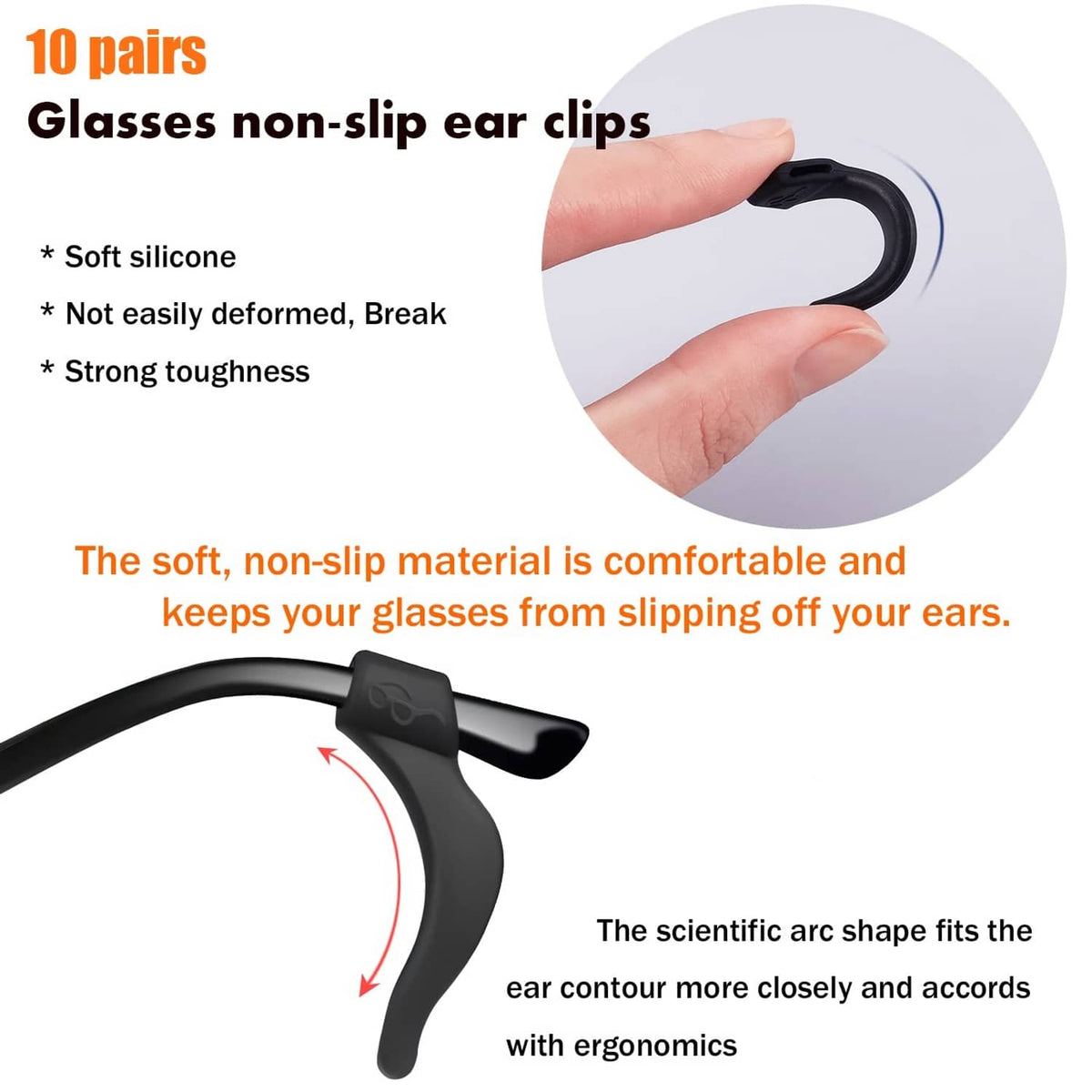 Black silicone non-slip eyeglass ear grips with curved ergonomic hook tips