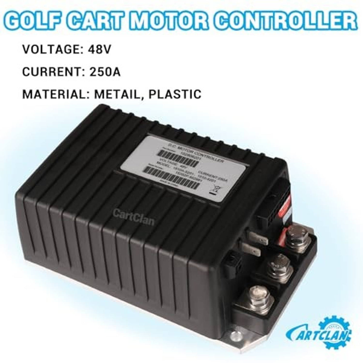 Black DC motor controller box with vented ribs, side connectors, and three screw terminals
