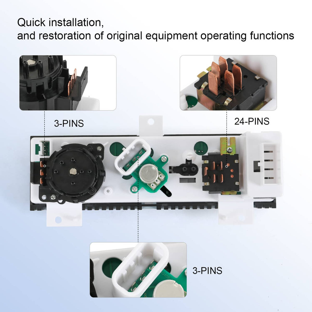 Rear view of A/C heater control module with connector terminals and wiring pins