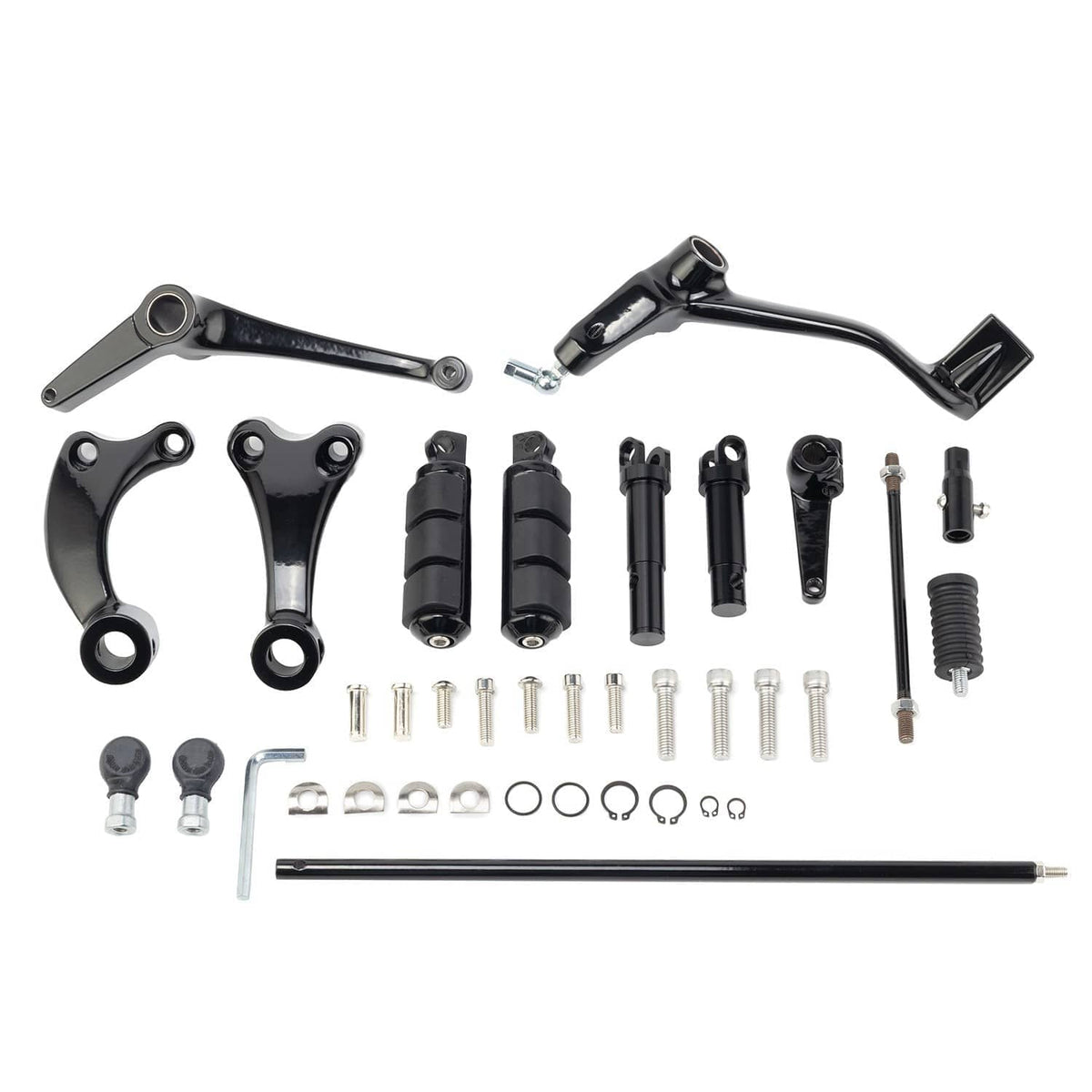 Black forward control kit components: levers, pegs, rods, and assorted fasteners