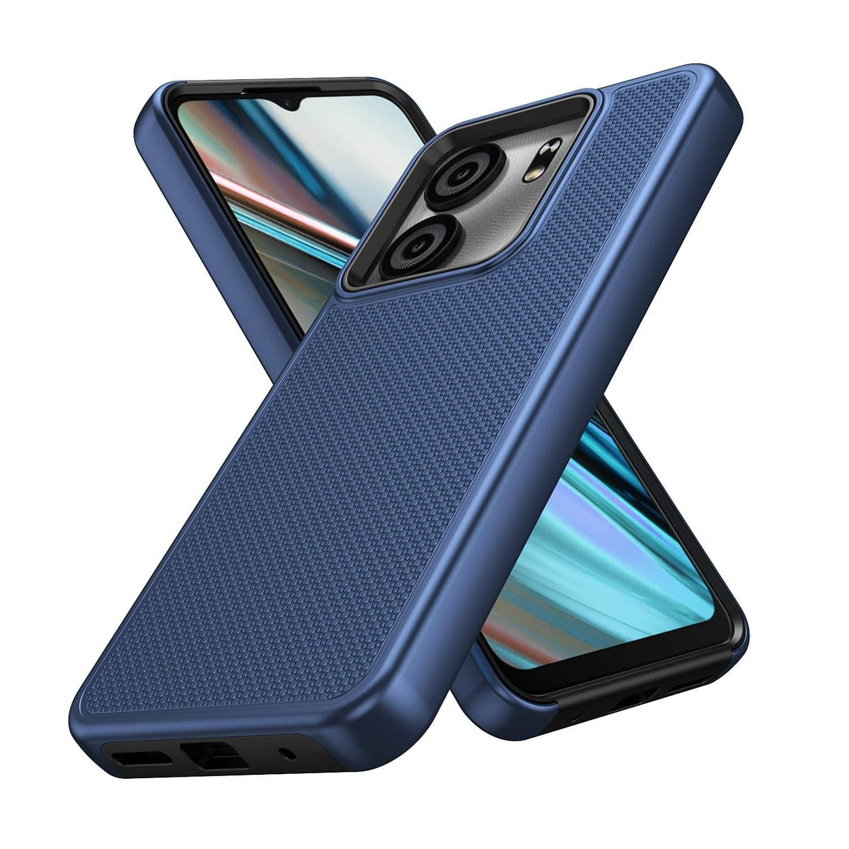 Blue textured phone case with raised lip for screen and dual camera opening