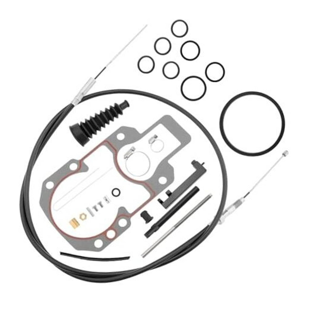 Lower shift cable kit with black cable loop, mounting plate, gaskets, and seal components