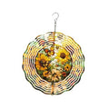 Circular metal wind spinner with sunflower, butterfly floral print and wavy ribbon spokes