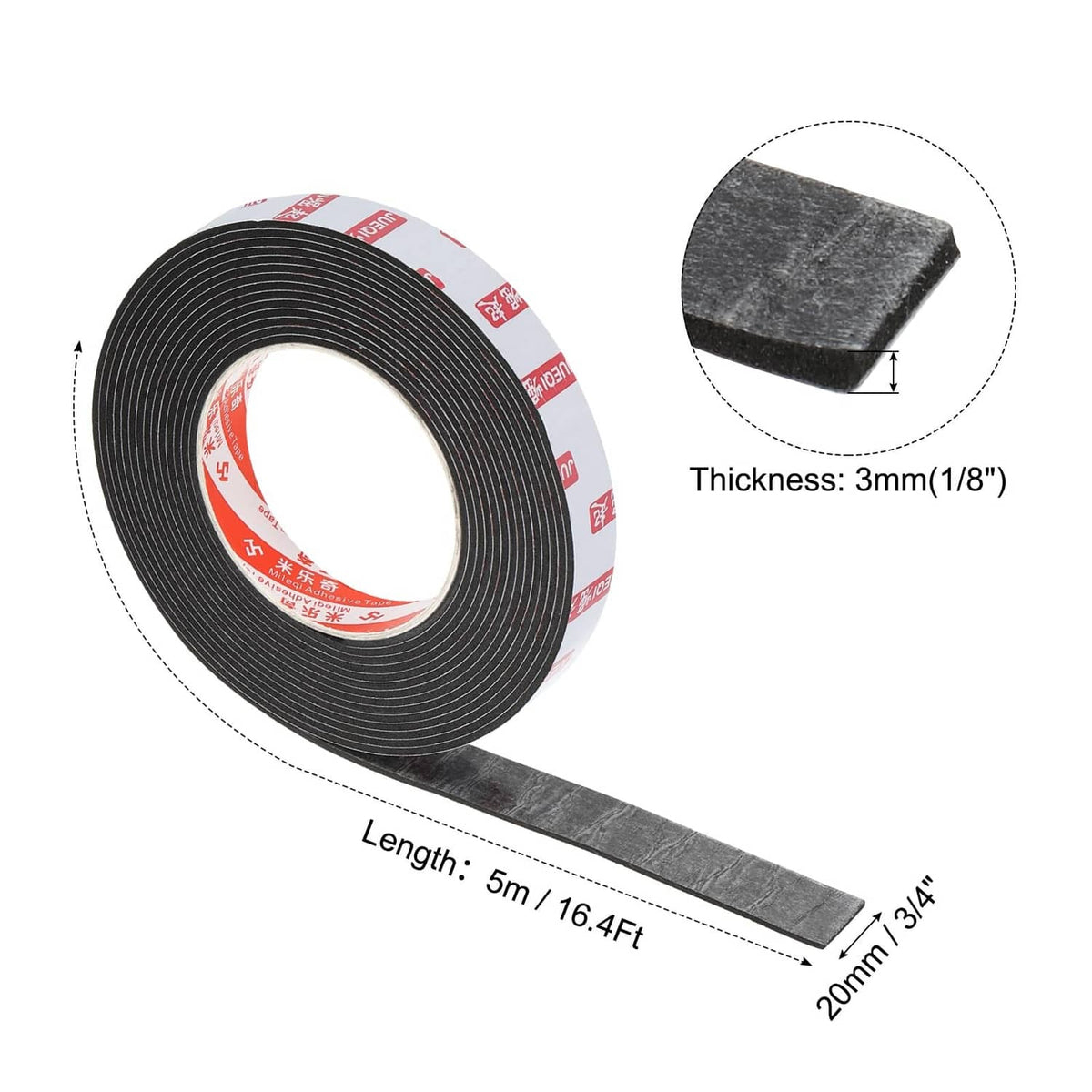 Black foam insulation tape roll with flat strip; thickness and length shown