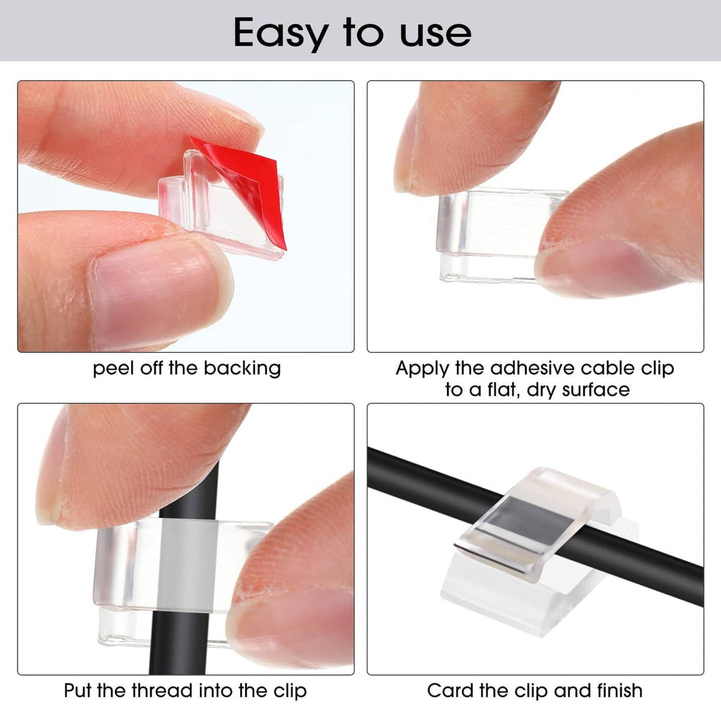 Adhesive Christmas light clip being applied by hand; red and clear parts shown.