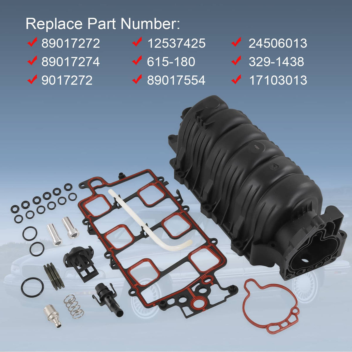 Black intake manifold and gasket set with O-rings, bolts, and mounting pieces