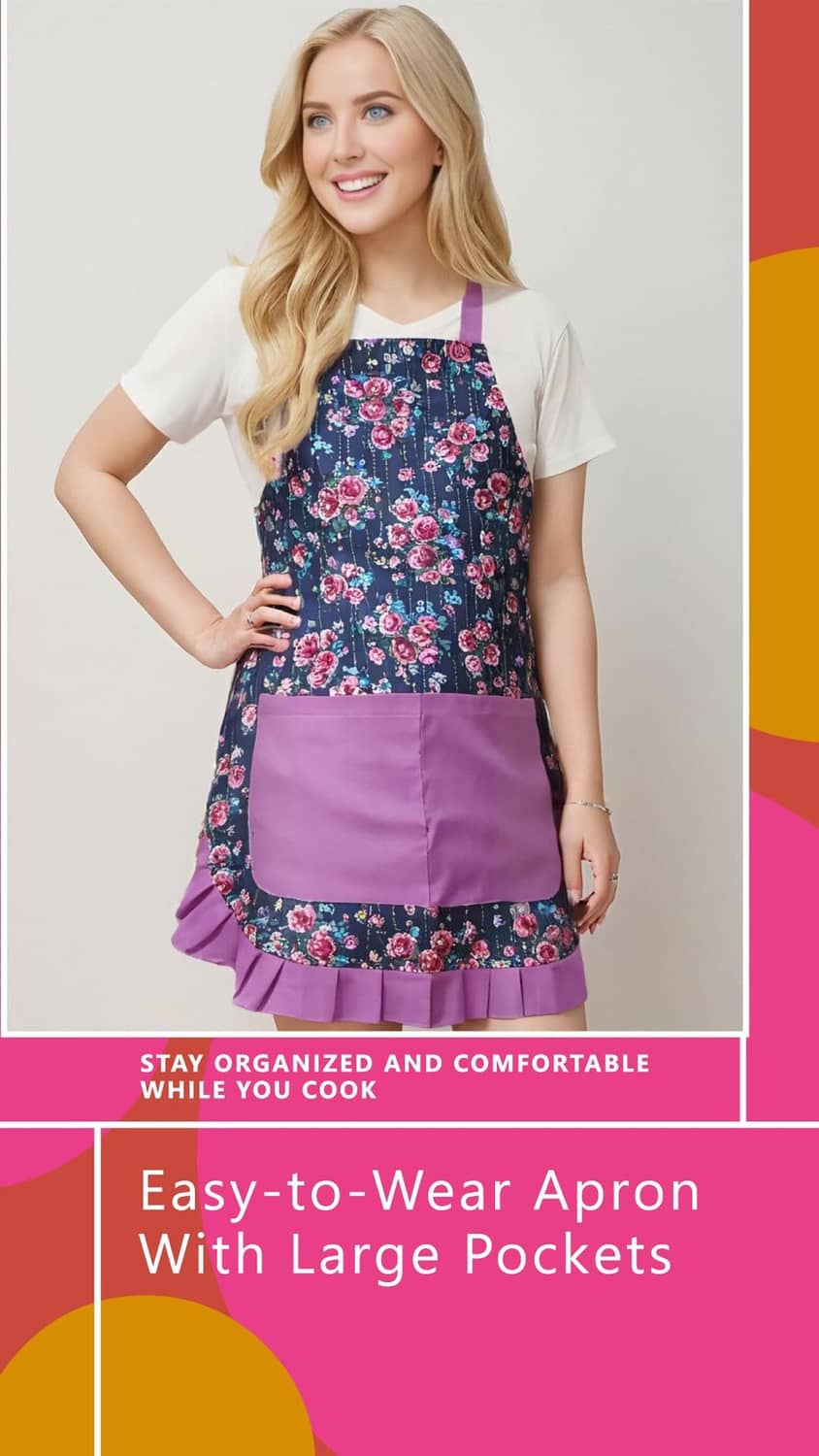 Women's purple floral apron with front pocket and ruffled skirt hem.