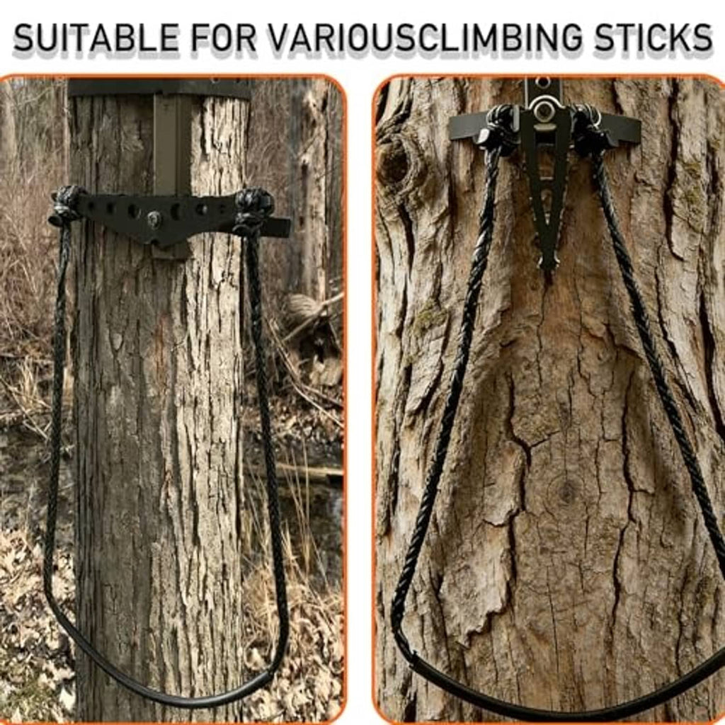 Braided climbing stick aider straps with metal plate on tree, ready for attachment