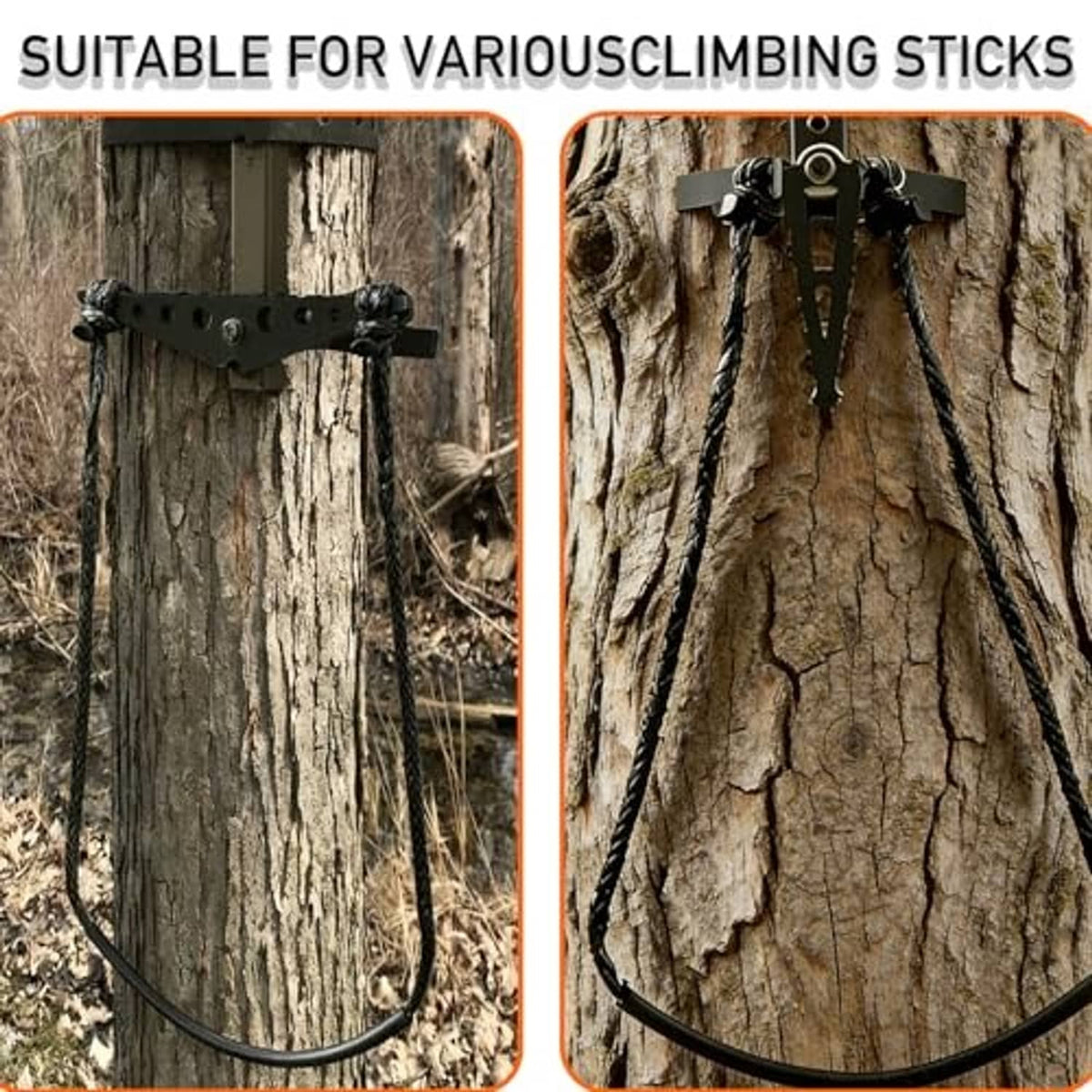 Braided climbing stick aider straps with metal plate on tree, ready for attachment