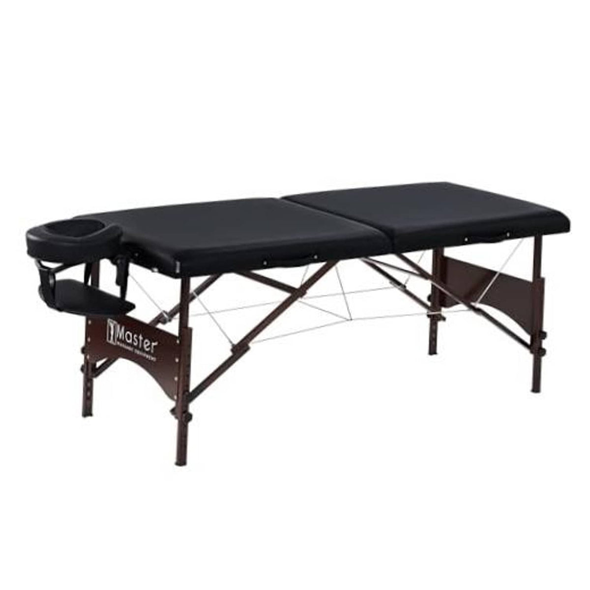 Portable massage table with black padding, face opening, and walnut-finish legs