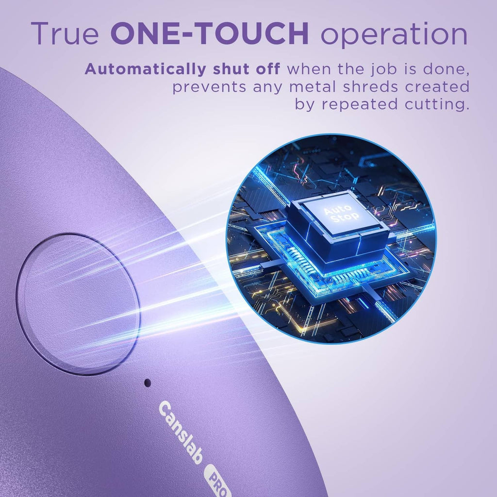 Lilac rechargeable auto-stop can opener with cut-head details