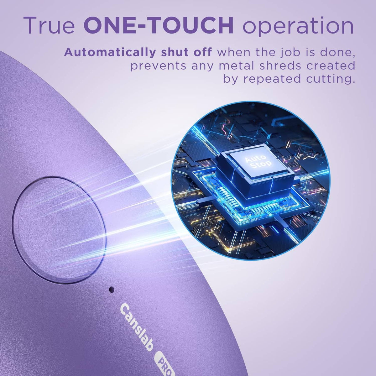 Lilac rechargeable auto-stop can opener with cut-head details