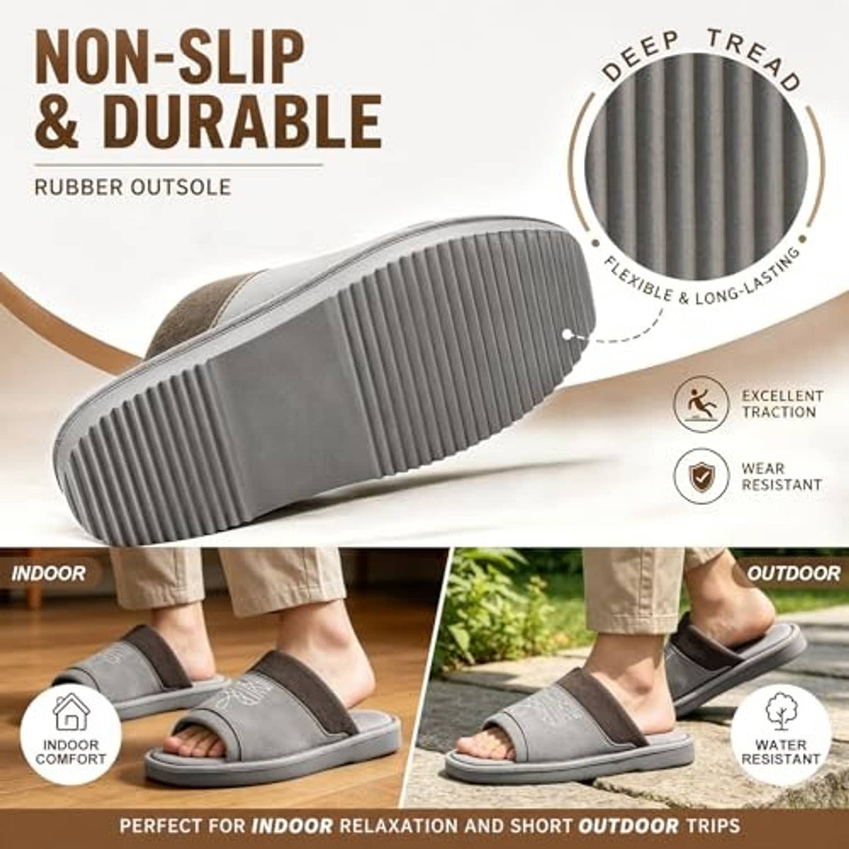 Grey open-toe slide slippers with ribbed rubber outsole for grip