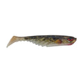 Red and olive soft plastic fishing lure with translucent tail and 3D red eyes